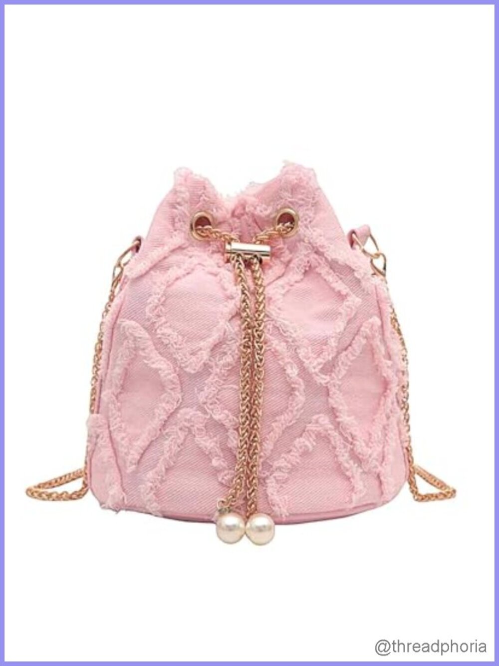 Denim Quilted Drawstring Bucket Crossbody Bag for Women